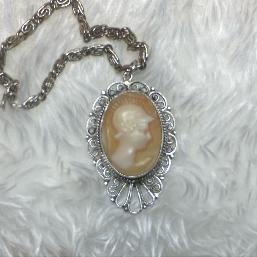 RARE Antique Vintage Shell Carved Cameo Necklace Left Facing Male Image 17” lgth